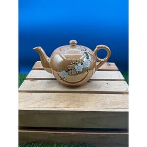 Vintage Japanese Peach Lustreware Teapot – Hand-Painted White Cherry Blossoms